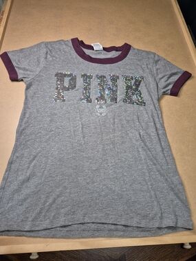 PINK Victoria's Secret Gray Ringer Tee with Purple Trim and Sequin Logo